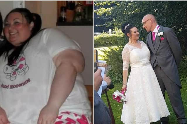 Left: Maxine before her weight loss. Right: Maxine with husband John on their wedding day