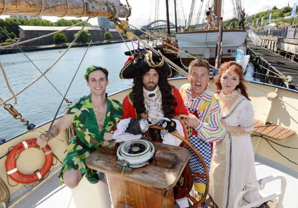 The cast of high-flying pantomime adventure, Peter Pan at The Tall Ships in Sunderland. 
Jamie Lomas as Captain Hook, Richard McCourt as Mr Smee, Melanie Walters as Mother, Mrs Darling and Josh Andrews as Peter Pan.