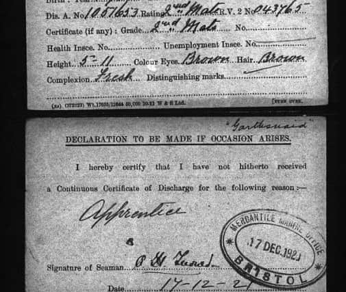The Merchant Navy ticket issued to Lt Alexander Harper Turner.