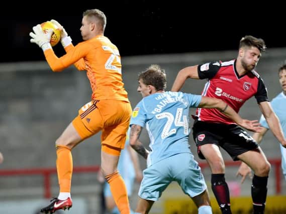 Robbin Ruiter commands his area against Morecambe this evening. Pictures by Frank Reid.