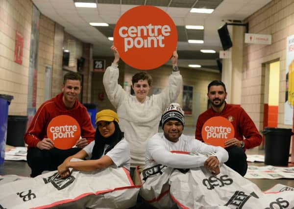 Stadium of Light Centrepoint Sleepout with Sunderland AFC Alim Ozturk (R) and Robin Ruiter, Geordie Shore Abbie Holborn and Nathan Henry with Centrepoints Zinnia Young