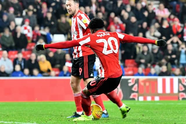 Josh Maja scores Sunderland's equaliser at the Stadium of Light