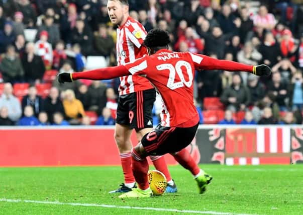 Josh Maja scores Sunderland's equaliser at the Stadium of Light