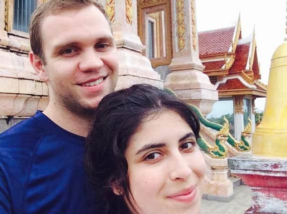 Matthew Hedges with his wife Daniela Tejada. The British academic accused of spying in the United Arab Emirates. Pic by PA.