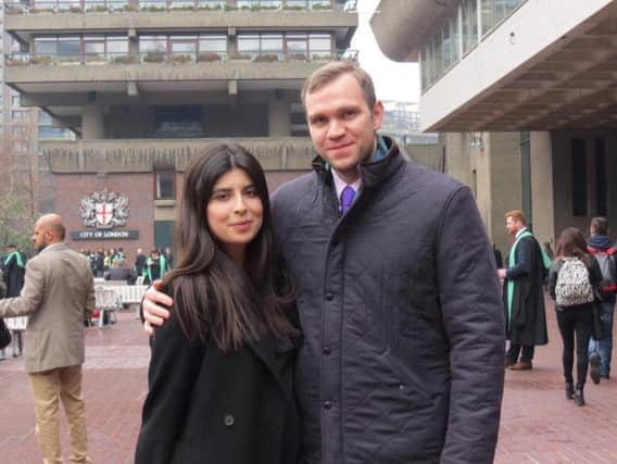 File photo of Matthew Hedges with his wife Daniela Tejada. The British academic accused of spying in the United Arab Emirates was sentenced to life imprisonment in a five-minute hearing at an Abu Dhabi court on Wednesday, his wife said.