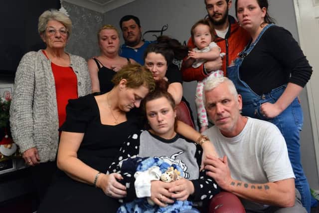 Family of Sheldon Farnell, 4 who tragically died from suspected sepsis. Front mother Katrina Farnell with grandmother Nicola Farnell  and grandfather Gary Farnell Back row: Hilda Jamieson, Sarah Farnell, Damian Addison, Holly Keegan, Daniel Robson, Rachael Farnell with baby Violet-Mae.