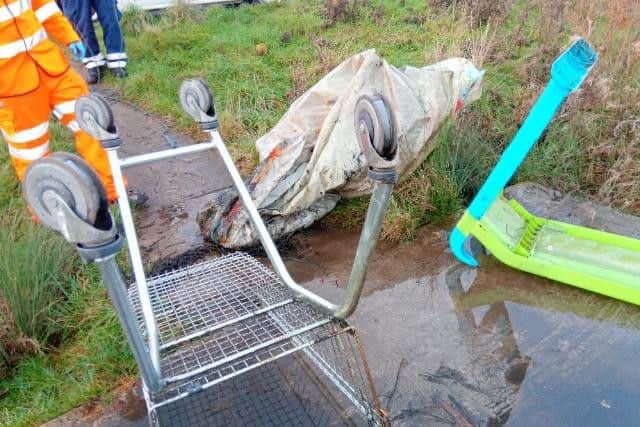 A shopping trolley dumped at the pond near Downhill Sports Complex.