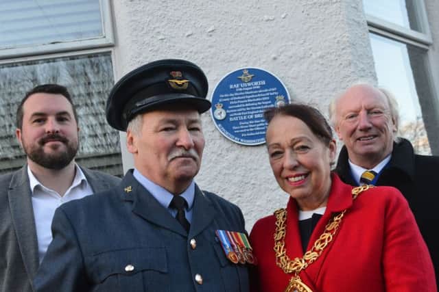 RAF Usworth blue plaque heritage celebration. From left High Street Hospitality manager Phil Smith , Air Cadet Flight Lieutenant  Dave Walsmsley, Mayor of Sunderland Coun Lynda Scanlan and  Mayoral consort Micky Horswill