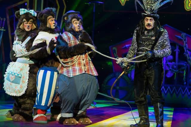 Steve Arnott as Baron Von Vinklebottom and the Three Bears played by Peter Peverley, Christina Berriman Dawson and Reece Sibbald. Picture Paul Coltas.