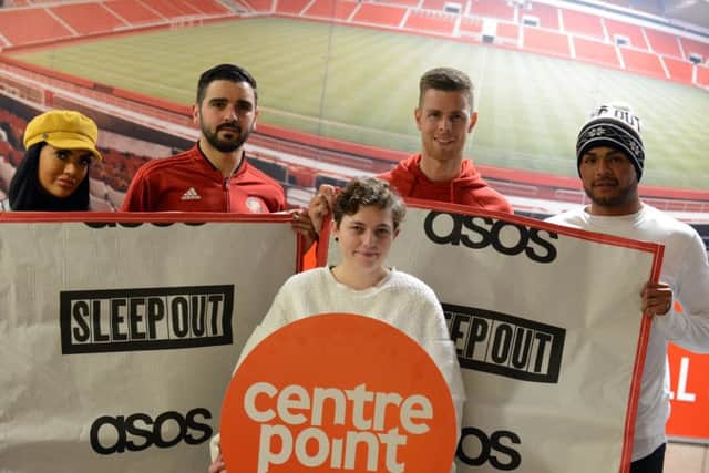 Zinnia took part in the Sleepout. Pictured with  Sunderland AFC Alim Ozturk (L) and Robin Ruiter, Geordie Shore Abbie Holborn and Nathan Henry