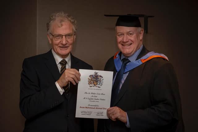 Head of the School of Culture at the University of Sunderland, Steve Watts, collected the Sir Walter Scott Prize on Anass behalf. The prize was presented by Dr Malcolm Morrison, an Associate of Abbotsford the home of Walter Scott near Melrose in the Scottish Borders.
