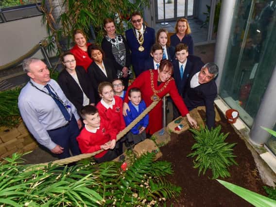 The Mayor of Sunderland, Coun Lynda Scanlan and the Mayor of Saint Nazaire, Mr David Samzun, with pupils from St.Pauls Primary School, South Hylton Primary Academy and Kepier academy, exchange students Marceline Assani and Nathanaelle Rade from Saint Nazaire and officials from both cities including the Deputy Mayor of Sunderland, Coun David Snowdon.