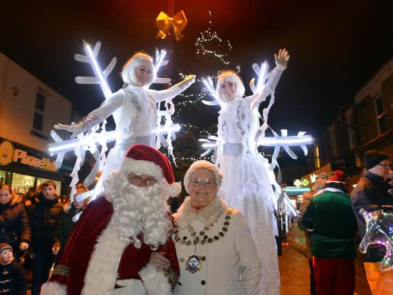 Seaham's mayor, Coun Barbara Allen, and Santa Claus at the Christmas lights switch-on