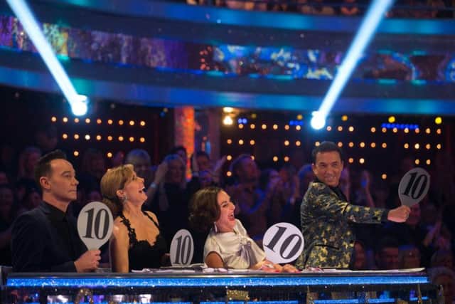 Judges Craig Revel Horwood, Dame Darcey Bussell, Shirley Ballas and Bruno Tonioli giving Faye Tozer a perfect score of 40 for her madcap Charleston during the live BBC1 show, Strictly Come Dancing. Pic: Guy Levy/BBC/PA Wire.