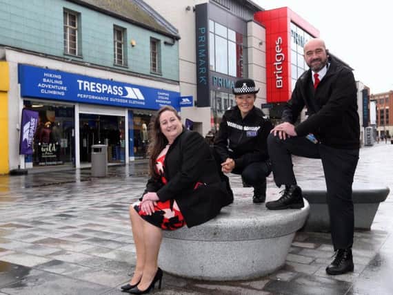 From left, Sunderland BIDs Kirsty Currie, Northumbria Police Sergeant Maria Ord and The Bridges security manager Frank Johnson.