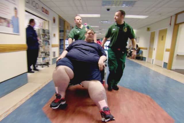 Terry Gardner in a large wheelchair
with hospital porters 

Sunderland, North East England is one of the most obese places in the country with over 40% of adults overweight. Picture: ITV