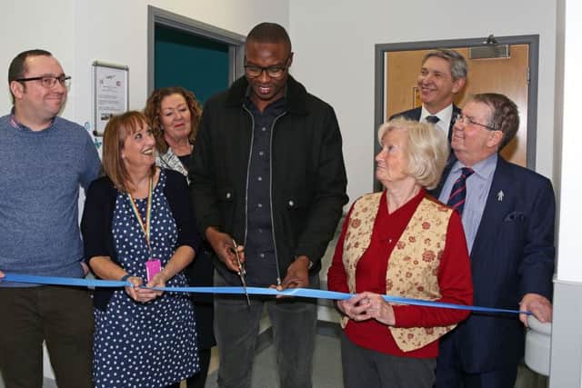The official opening of the new Complementary Therapy Suite, left to right, Robert Allen, 39, a cancer partient from Washington, Angela Jackson, a complementary therapy lead, Dame Jackie Daniel, Chief Executive of Newcastle upon Tyne Hospitals NHS Foundation Trust, Shola Ameobi, Lady Elsie, Professor Sir John Burn, Chairman of Newcastle upon Tyne Hospitals NHS Foundation Trust and Tommy Moralee, 78, who is also receiving cancer treatment.