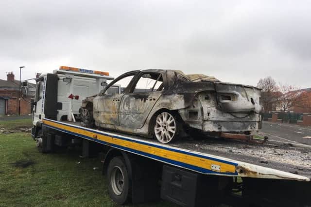 A wrecked car is taken away from the scene of the blaze in Southwick. Photo by BBC Newcastle.