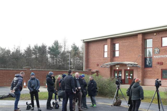 The media outside Peterlee Magistrates' Court. Picture: PA.