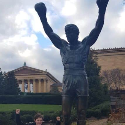 Zinnia with the Rocky Balboa statue