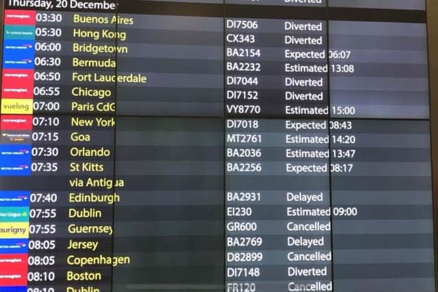The arrivals board at Gatwick Airport this morning, showing cancelled, diverted and delayed flights, as the airport remains closed after drones were spotted over the airfield last night and this morning. Picture by Thomas Hornall/PA Wire