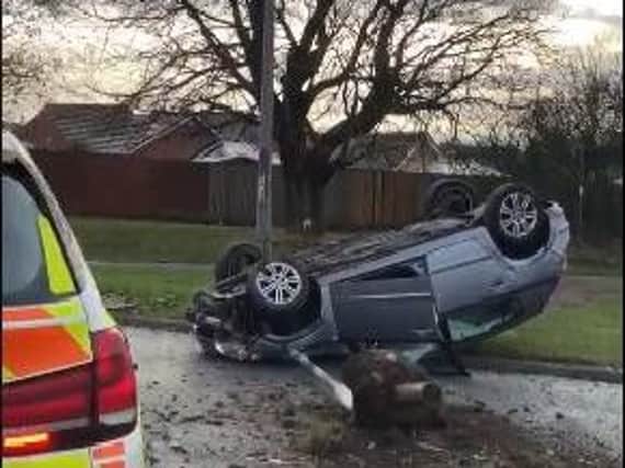 A car which overturned on a slip road to the A19 in Peterlee. Pic: Durham Constabulary.