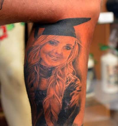 Josh Cliff, the brother of Amber Rose Cliff, with his memorial tattoo portrait of his sister.