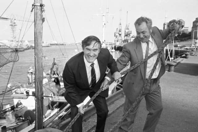 Labour Chief Whip Derek Foster, left, gives Leslie Hall, chairman of the Wear Fishermen's Association, a hand to launch the new venture in Sunderland back in 1988.