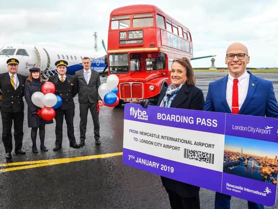 From left to right, Paul Fearnside, captain, Leanne Wyness, cabin crew, Simon Rolfe, first officer, Richard Knight, airport chief operating officer, Eileen McBay, sales manager at Eastern Airways, and Leon McQuaid, head of aviation development at Newcastle International Airport.