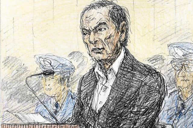 This courtroom sketch depicts former Nissan chairman Carlos Ghosn in a courtroom at the Tokyo District Court. Picture: Nobutoshi Katsuyama/Kyodo News via AP.
