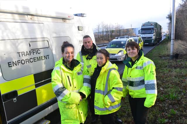 The Environment Agency and the Driver and Vehicles Standards Agency litter action day. The Environment Agency team from left, Lucy Collier, Andrew Rothery, Elsa McConnell and Rachael Caldwell.