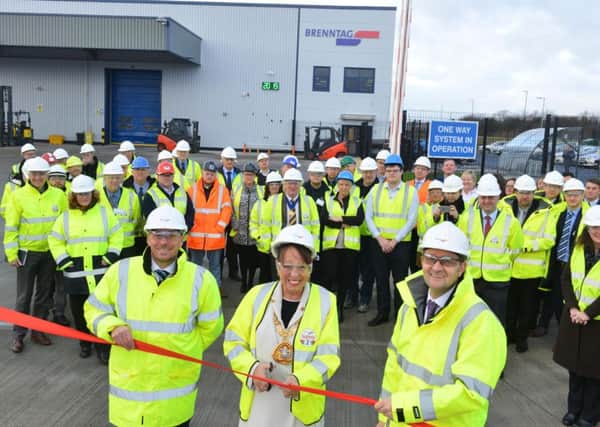 Official opening of Brenntag UK Limited, Turbine Way Sunderland with general manager Peter Dodd, Mayor of Sunderland Lynda Scanlan and Brenntag President Russel Argo (R)
