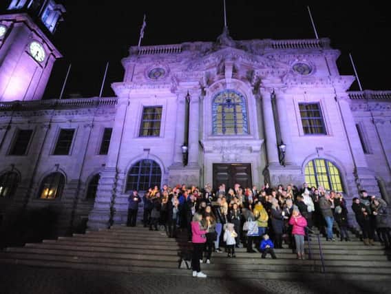 Supporters of the #findcarteraheart campaign on the steps of South Shields Town Hall earlier this evening as they held a candle lit vigil for three-week-old Carter Cookson.