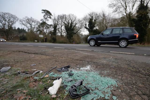 Debris at the scene of a car crash involving the Duke of Edinburgh. Picture: PA.