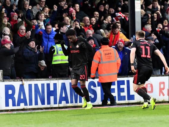 Sunderland striker Josh Maja celebrates his goal against Scunthorpe.