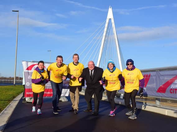 Steve Cram (2nd left) Sunderland Council Leader Coun. Graeme Miller with l-r  Deb Watson, Richard Borrowdale, Ann Rush and Bill Wright, launch the Sunderland 5K at the Northern Spire.