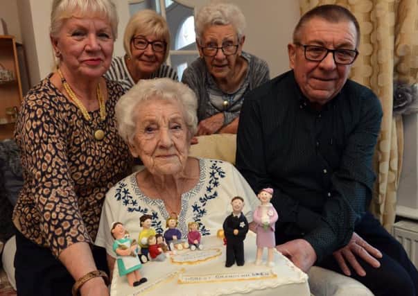 Catherine Baillie celebrates her 100 birthday. Front daughter Elsa Davison and son Fred Baillie. Back from left daughter-in-law Marilyn Baillie and sister Phyl Glancey