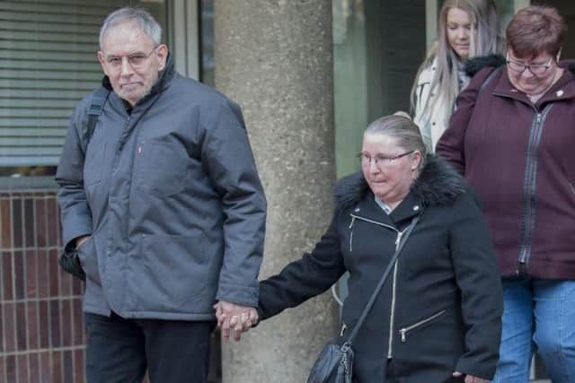 Shaun Dobinson's parents Fred and Julie Dobinson and family members outside Sunderland Coroner's Court.