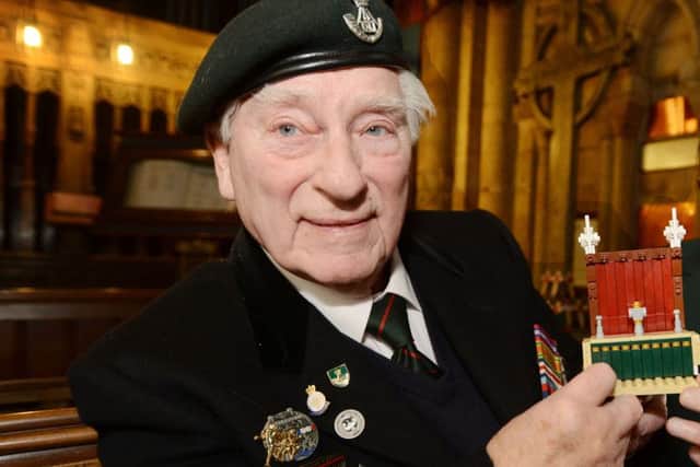 Normandy Veterans from the Durham Light Infantry Asscociation, Charles Eagles and Dicky Atkinson visit Durham Cathedral to help build a lego replica.