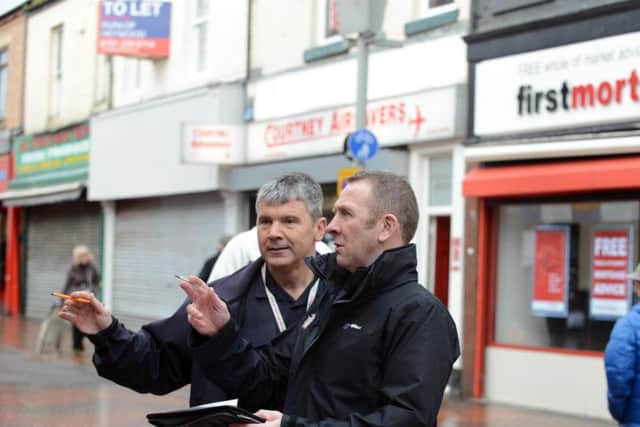 Fire safety officers Gary Hargrave, left, and Dave Smith, in Sunderland's Blandford Street.