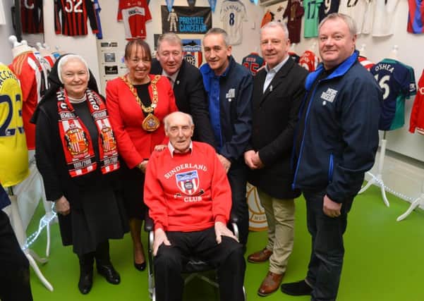 Ernie Jones celebrates his 103rd birthday at the Fans Museum with Sister Mary Scholastica, Mayor  Lynda Scanlan Coun John Kelly, Keith  Havelock , Kevin Ball and founder Michael Ganley