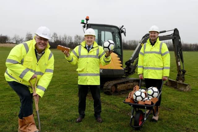 Councillor Graeme Miller, leader Sunderland City Council, Paul Redman, divisional director Esh Construction, and Geoff Steele, contracts manager with Esh Construction, at the launch of the Football Hub project at Community North Sports Complex.