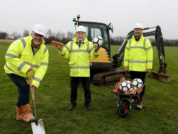 Councillor Graeme Miller, leader Sunderland City Council, Paul Redman, divisional director Esh Construction, and Geoff Steele, contracts manager with Esh Construction, at the launch of the Football Hub project at Community North Sports Complex.