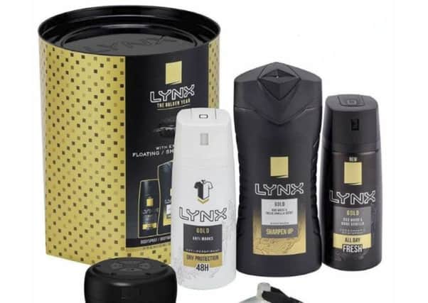 The Lynx Gold gift set with shower speaker that has been recalled due to safety concerns with the charging lead.