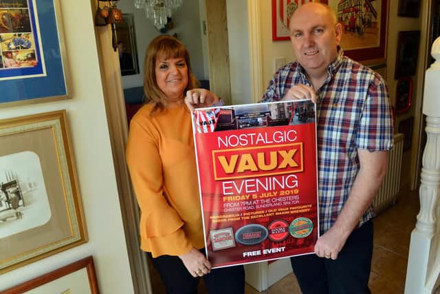 Peter and Angelika Heslop with a poster promoting this July's Vaux anniversary evening.