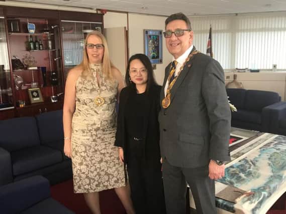 Deputy Mayor and Deputy Mayoress of Sunderland, Coun David Snowdon and Coun Diane Snowdon, with Chair of the Sunderland Chinese Students and Scholars Association Miss Jiang Yuxin