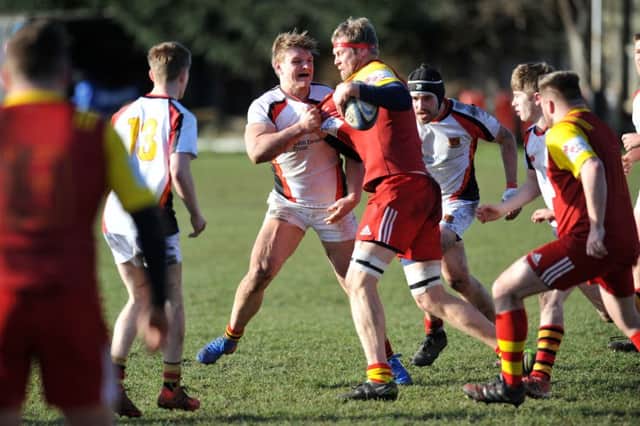 Durham and Northumberland Rugby between Sunderland RFC (white) and Whitley Bay Rockcliffe, played at Ashbrooke Sports Ground, Sunderland.
