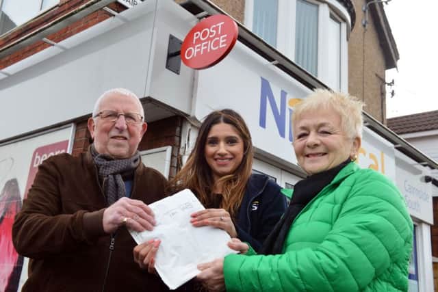 New Post Office at the East Herrington Nisa store. (Middle) new Post Office owner Subrina Dhindsa with former East Herrington Post Office owners Peter and Rheby Stacey.