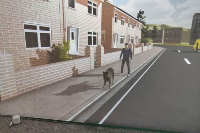 A Blue Room scenario on screen shows a dog walking along a street, designed to help patients overcome their fear of the animal. Pic: Third Eye NeuroTech/Newcastle University/PA Wire.