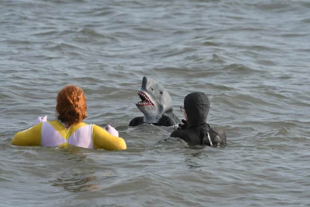 A member of the  Fausto Bathing Club dressed as a shark as part of the charity effort.